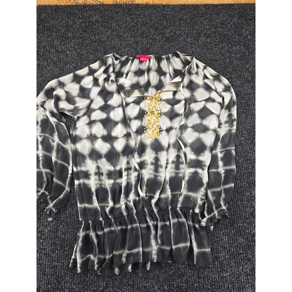 Sunny Leigh Womens Black White Tie Dye Sequin Peplum Blouse XL Long‎ Sleeve Top